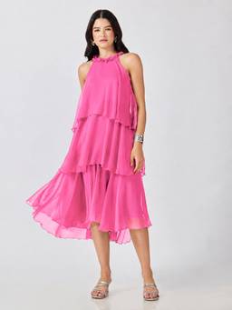 SHOWOFFFF - Women's Pink Tiered Ruffled Halter Neck Midi Dress