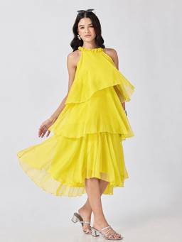 SHOWOFFFF - Women's Yellow Tiered Ruffled Halter Neck Midi Dress