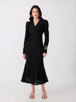 SHOWOFFFF - Women's Paisley Black Tie-Ups Midi Dress