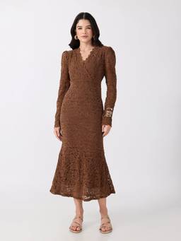 SHOWOFFFF - Women's Paisley Brown Tie-Ups Midi Dress