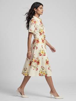 max - Off White Women Floral Print Shirt Style Dress with Belt