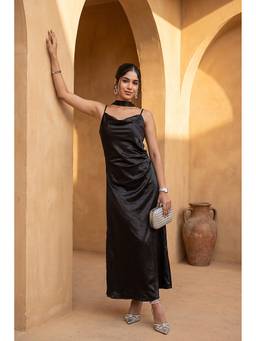 HOUSE OF SAL - Black Celeste Satin Maxi Dress with Scarf
