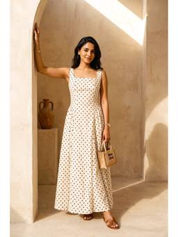 HOUSE OF SAL - Off White Printed Polka Dot Maxi Dress