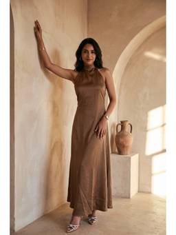 HOUSE OF SAL - Brown Satin Backless Maxi Dress