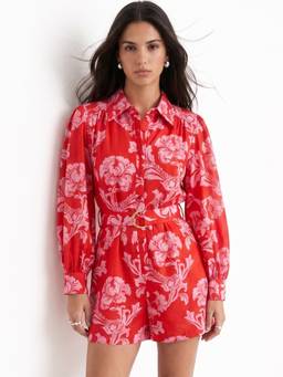 Outzidr - Red Full Sleeve Collared Neck Printed Playsuit