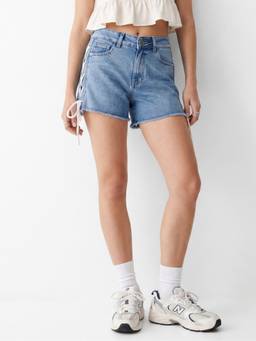 Outzidr - Blue High-Rise Denim Criss Cross Detailing Shorts