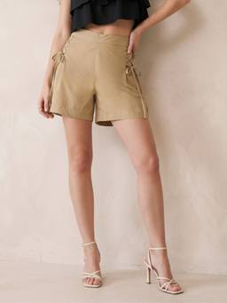 Outzidr - Beige Side Tie Detail Shorts