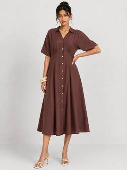 max - Brown Women Solid A-Line Midi Dress