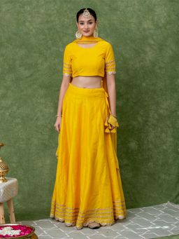 Kasya - Golden Lace Work Yellow Solid Lehenga with Dupatta (Set of 3)