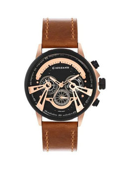 Giordano - Men Leather Strap Black Dial Analog Watch - GD-50011 (M)