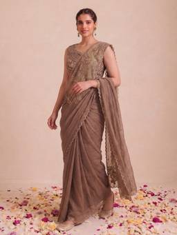 Autumnlane - Brown Embellished/Sequined Silk Blend Pre Drape Saree with Stitched Blouse Piece