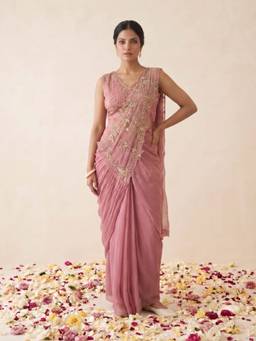 Autumnlane - Pink Embellished/Sequined Silk Blend Pre Drape Saree with Stitched Blouse Piece
