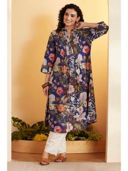 Biba - Women Blue Floral Viscose Blend Kurta