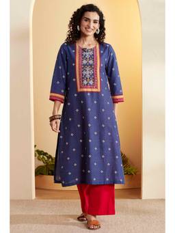 Biba - Women Blue Printed Cotton Kurta