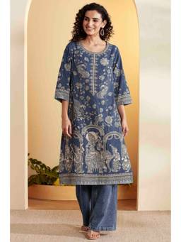Biba - Women Blue Printed Cotton Kurta