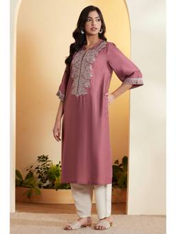 Biba - Women Pink Solid/Plain Viscose Blend Kurta