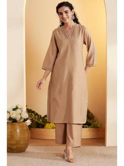 Biba - Women Beige Printed Viscose Rayon Kurta with Pant