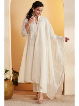 Biba - Women White Woven Cotton Silk Kurta and Pant with Dupatta