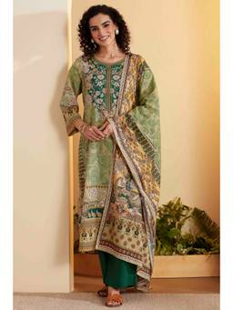 Biba - Women Green Printed Cotton Kurta and Pant with Dupatta