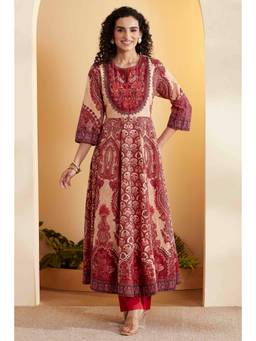 Biba - Women Brown Printed Cotton Anarkali Kurta with Pant