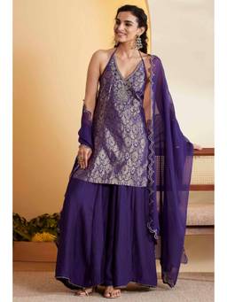 Biba - Women Blue Printed Viscose Rayon Kurta and Sharara with Dupatta
