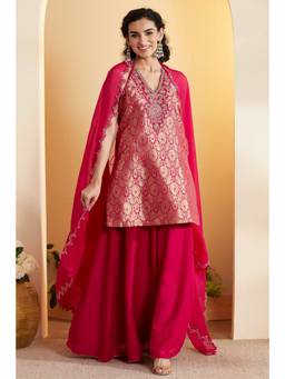 Biba - Women Pink Printed Viscose Rayon Kurta and Sharara with Dupatta