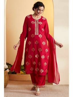 Biba - Women Red Floral Nylon Kurta and Pant with Dupatta