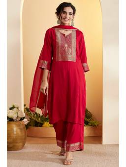 Biba - Women Red Printed Viscose Rayon Kurta and Pant with Dupatta