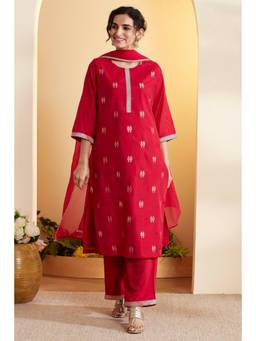 Biba - Women Red Printed Polyester Kurta and Pant with Dupatta