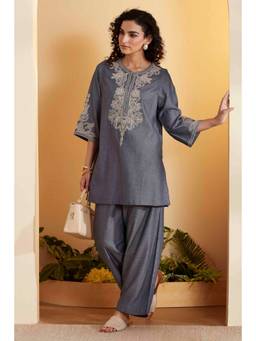 Biba - Women Blue Woven Tencel Kurti with Pant