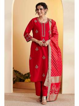 Biba - Women Red Printed Polyester Blend Kurta and Pant with Dupatta