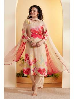 Biba - Women Beige Floral Viscose Blend Kurta and Pant with Dupatta