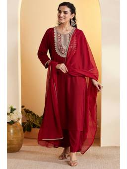 Biba - Women Maroon Printed Viscose Rayon Kurta and Palazzo with Dupatta