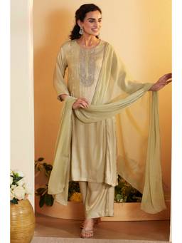 Biba - Women Green Solid/Plain Viscose Blend Kurta and Pant with Dupatta