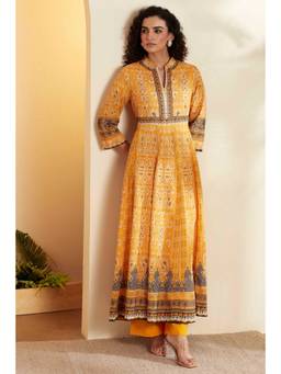 Biba - Women Yellow Printed Cotton Anarkali Kurta with Pant