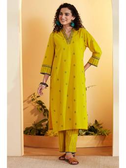 Biba - Women Mustard Printed Cotton Kurta with Pant