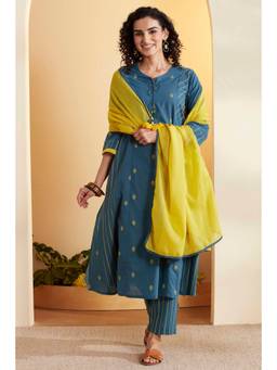Biba - Women Teal Printed Cotton Kurta and Palazzo with Dupatta