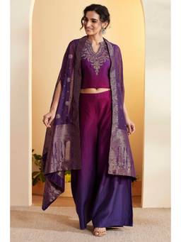 Biba - Women Purple Printed Silk Blend Top and Palazzo and Shrug