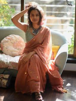 Suta - Orange Embellished/Sequined Mul Pre Drape Saree without Blouse Piece
