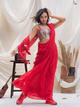 Suta - Red Embellished/Sequined Mul Pre Drape Saree without Blouse Piece