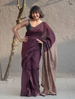 Suta - Brown Solid/Plain Mul Pre Drape Saree without Blouse Piece