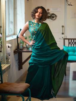 Suta - Teal Colorblock Mul Pre Drape Saree without Blouse Piece