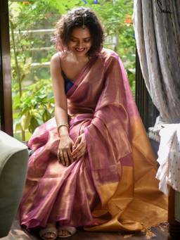 Suta - Pink Colorblock Mul Pre Drape Saree without Blouse Piece