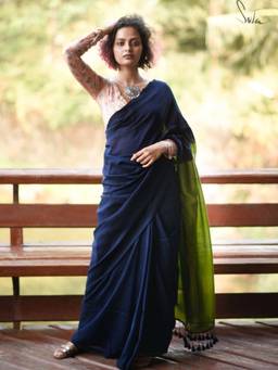 Suta - Navy Blue Colorblock Mul Pre Drape Saree without Blouse Piece