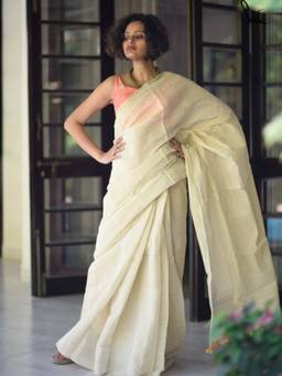 Suta - Cream Self Design Mul Pre Drape Saree without Blouse Piece