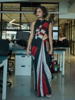 Suta - Black Stripes Mul Pre Drape Saree without Blouse Piece