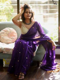 Suta - Blue Embellished/Sequined Mul Pre Drape Saree without Blouse Piece
