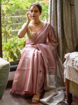 Suta - Pink Solid/Plain Mul Pre Drape Saree without Blouse Piece