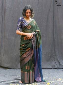 Suta - Green Floral Mul Pre Drape Saree without Blouse Piece