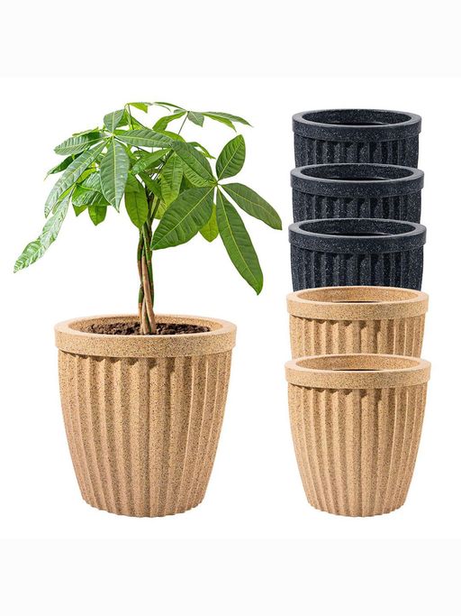 Kuber Industries Roto Mould Flower Pot Pihu Neo - Sand & Black (Pack of 6)